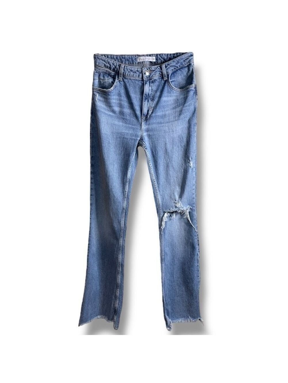 Zara Boot Cut Medium Wash Denim Jeans Size 8 Distressed Knee and Hem Stretch